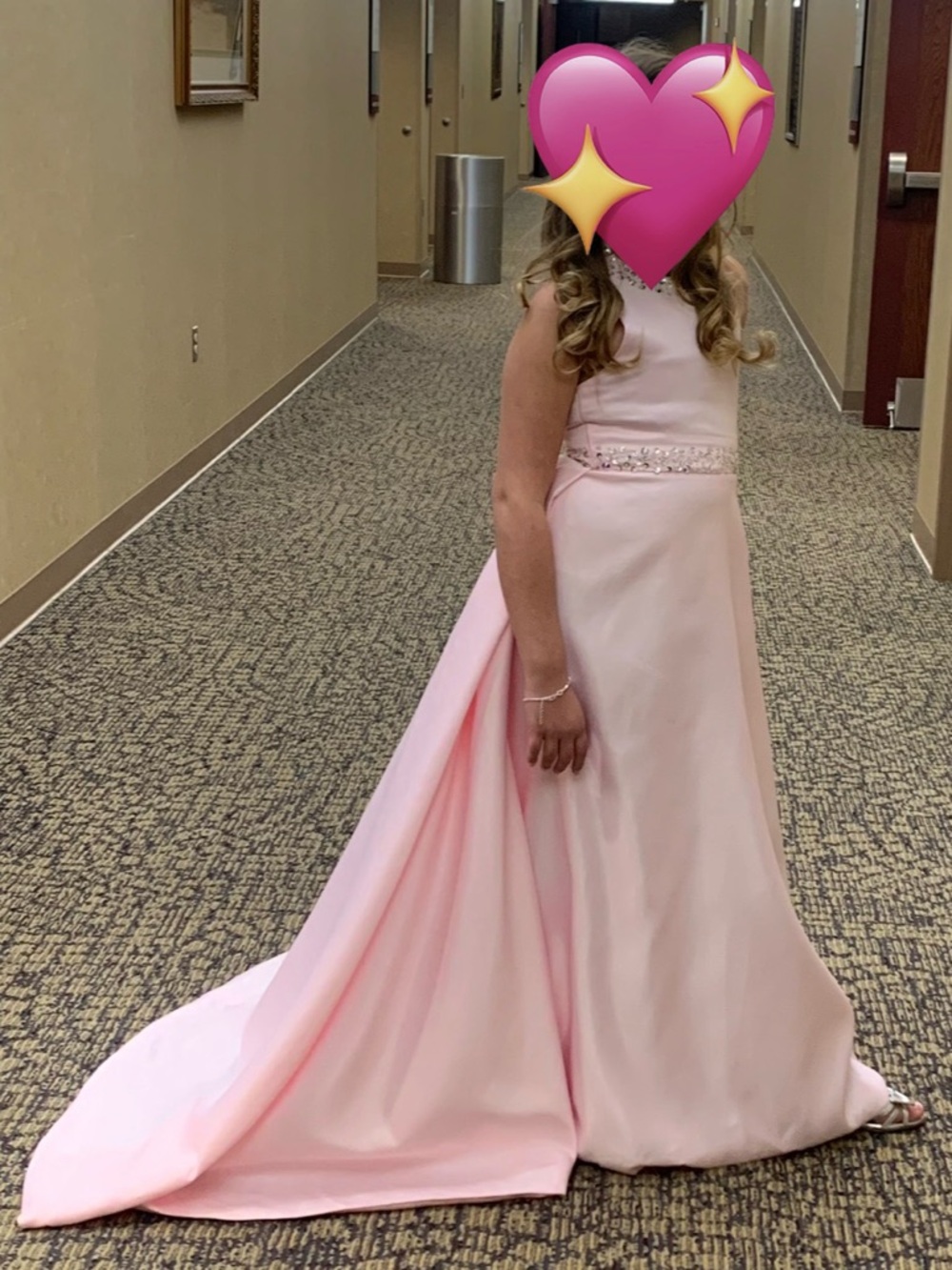 Girls’ Baby Pink Halter Pageant Gown with Beaded Waist and Train